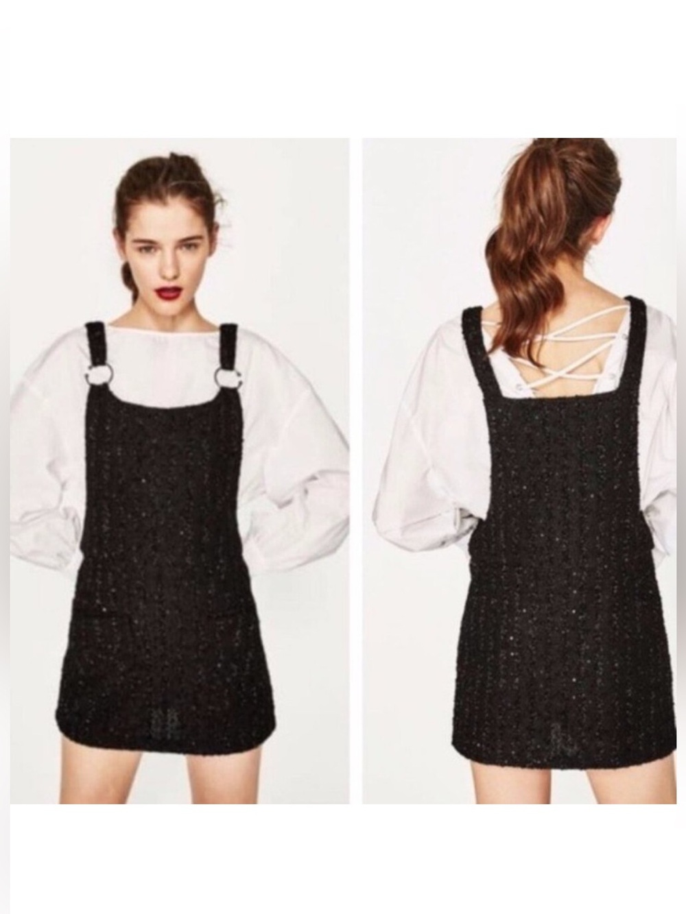 Zara Trafaluc Black Silver Sequin Tinsel Pinafore Mini Dress